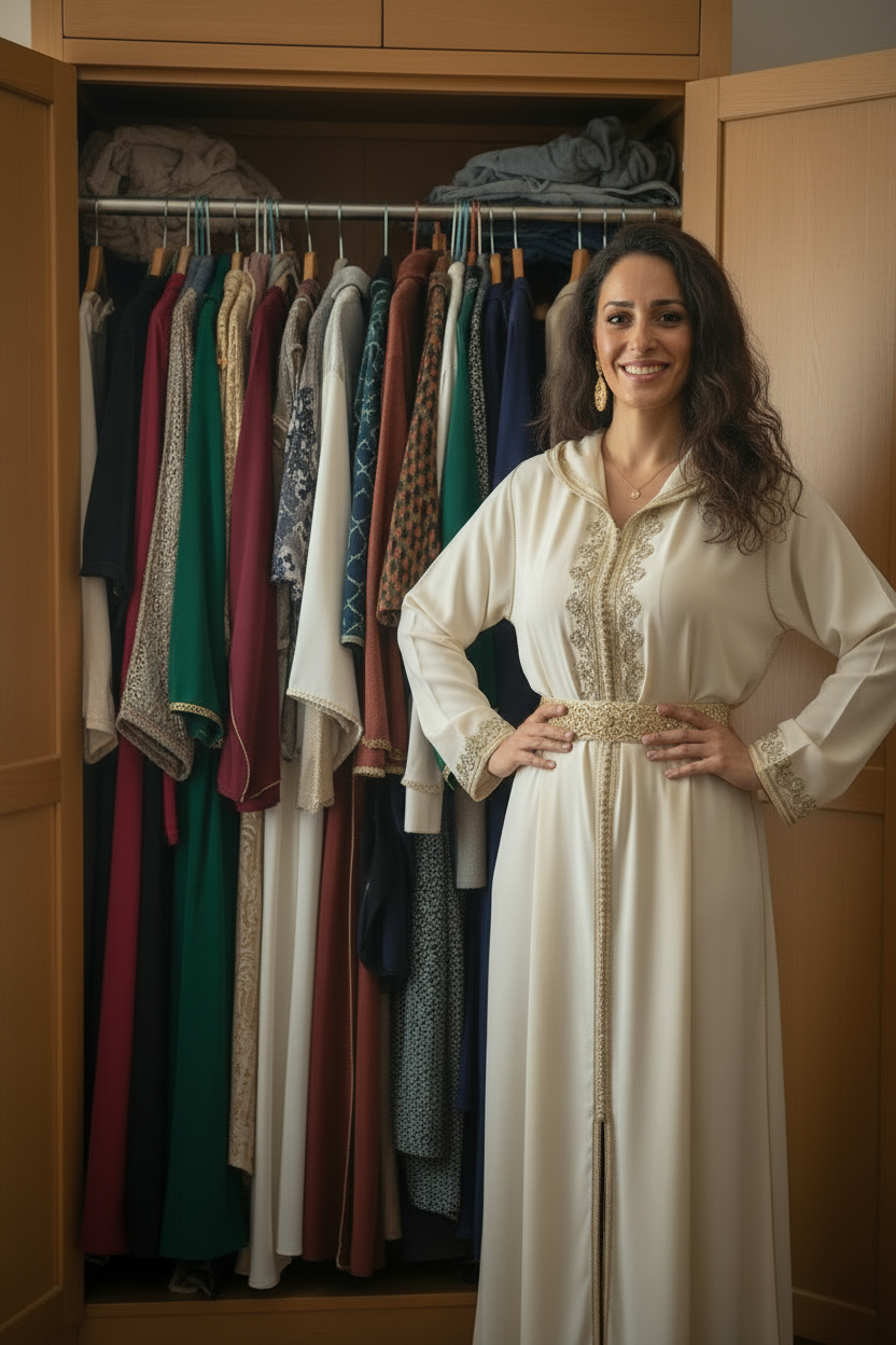 Woman positioned on right with wardrobe on left